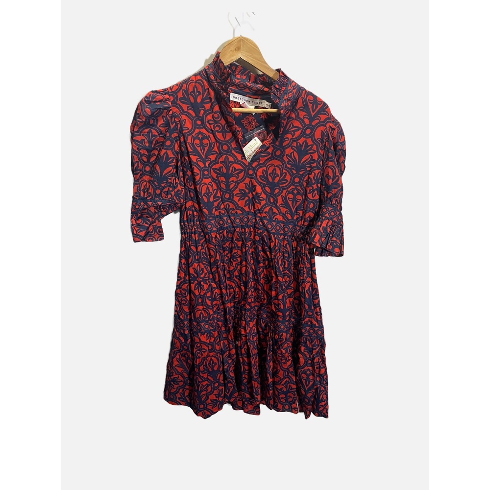 Gretchen Scott Wall of Secrets Dress Womens S Navy Red Damask Tiered Mini Boho